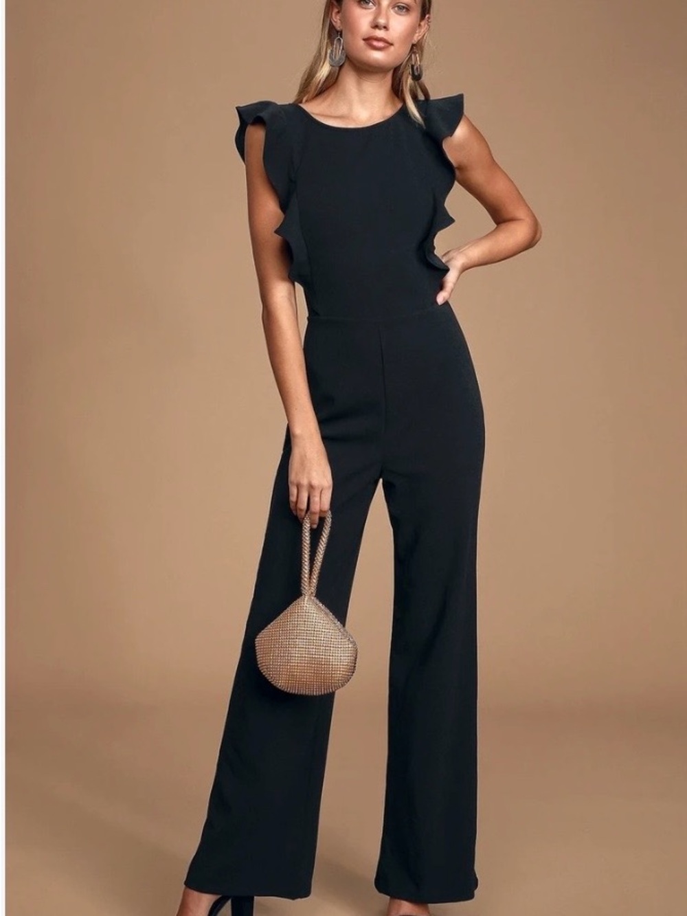 NWT Lulu's Black Ruffle-Sleeve Wide-Leg Jumpsuit